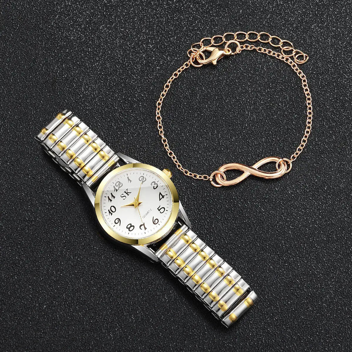 2PCS Two piece set of women's digital watch infinite symbol thin bracelet with gold stretch steel strip, not including gift box Qme
