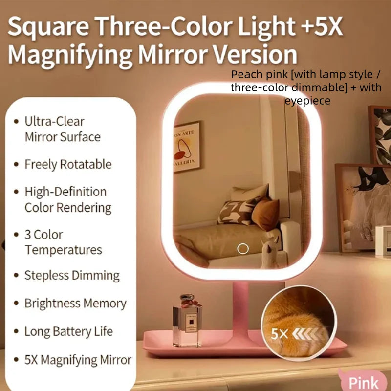 Women Bedroom Desktop Vanity Mirror 3 Color Dimmable Light LED Makeup Touch Control Mirror Home Travel Portable Qme peach pink