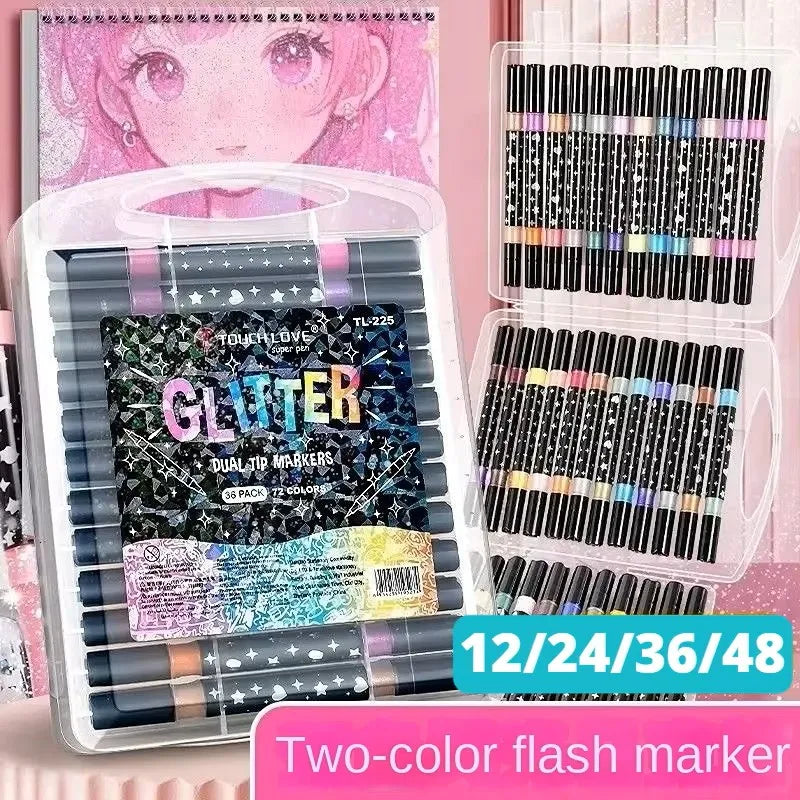 24/48/72/96 Colors Dual Brush Tip Glitter Art Markers Metallic Paint Marker Pens DIY Crafts Birthday Cards, Making Poster, Album Qme