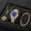 Men Iced Out Watch 4Pcs Jewelry Set Cross Necklace Ring Cuban Bracelet Hip Hop Gift Qme Blue A Without Box