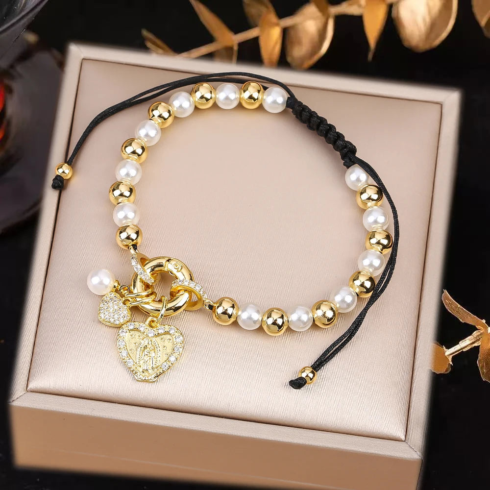 New Design Pearl Copper Braided Virgin Mary Zirconia Black Rope Bracelet Fashion For Woman Daily Party Jewelry Religious Gift Qme A