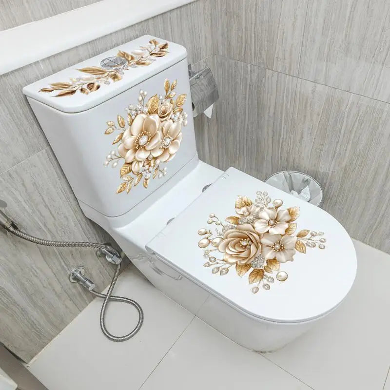 .Luxury Gold Pearl Floral Toilet Sticker Waterproof Self-Adhesive Bathroom Decor Sticker Wall Stickers Home Decoration Stickers. Qme