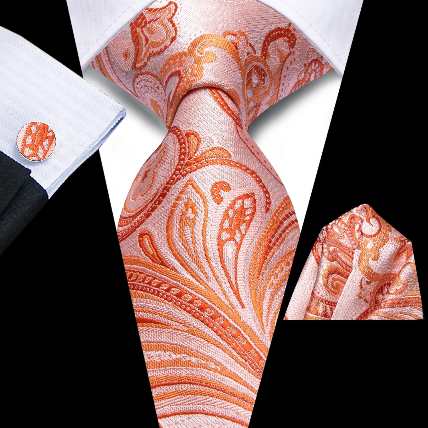 Hi-Tie Designer Orange Teal Striped Paisley Silk Wedding Tie For Men Necktie Hanky Cufflink Fashion Business Party Dropshipping Qme 4053