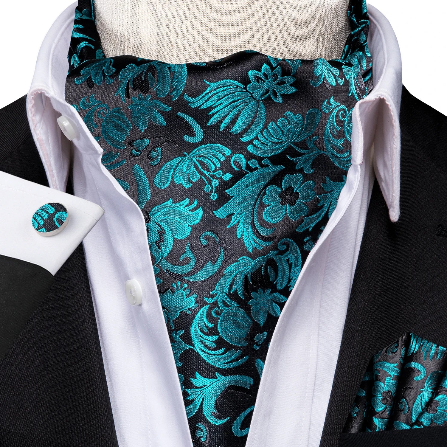 Hi-tie Silk Mens Ascot Pocket Square Cufflinks Jacquard Paisley