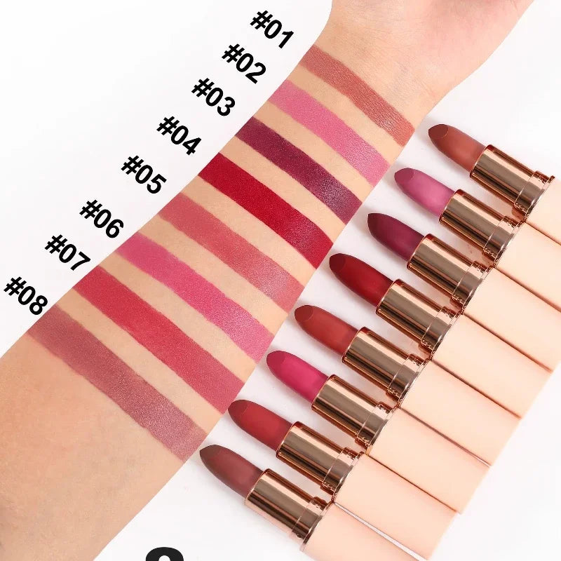Deep Red Matte Lipstick 8 Colors Waterproof Non-stick Cup Lip Balm Makeup Dark Red Lipsticks Velvet Easy To Color Lips Cosmetics Qme