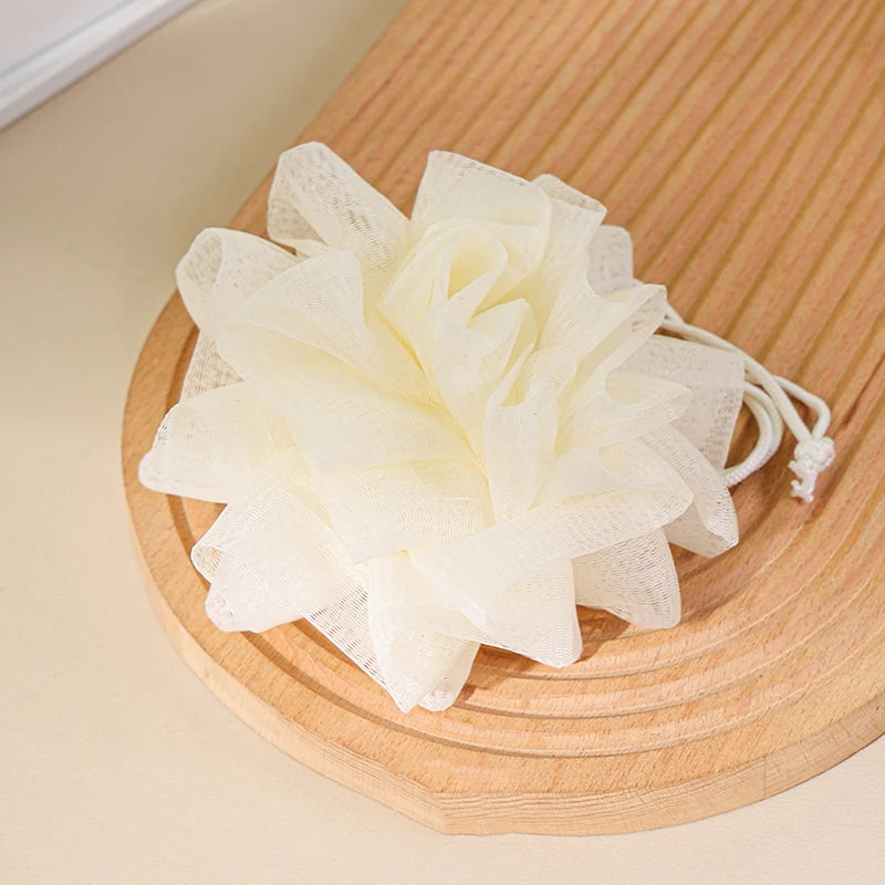2-In-1 Bath Ball Towel Loofah Drawstring Closure Soap Soft Qme White