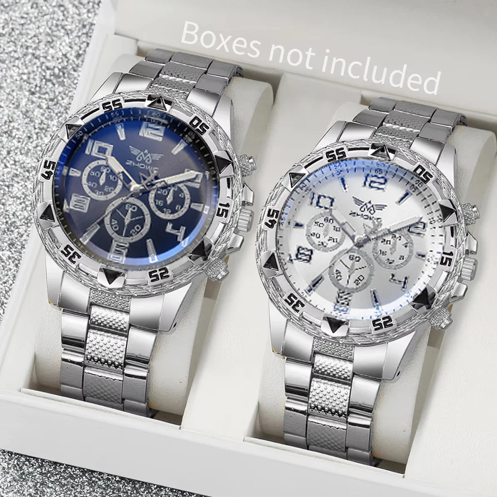 2pcs men's fake three eye casual steel band watch set Qme 2pcs silver