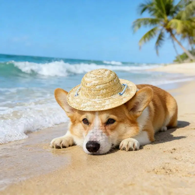 Cute Adjustable Pet Woven Hat Dog Decorative Hat Photo Prop Dog Cat Sunshade Cap Run Straw Hat For Small Dog Puppy Cat Qme