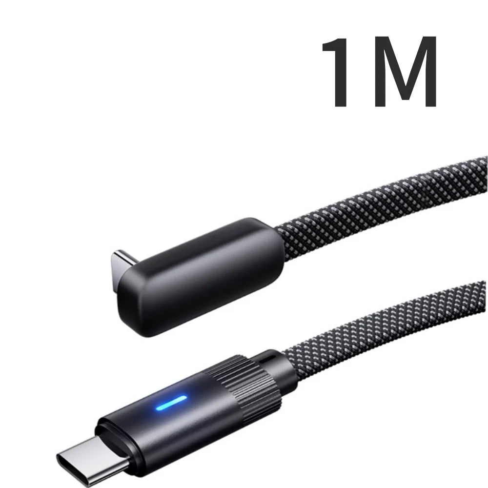 100W 90°Single-Bend Dual Type-C Fast-Charging Data Line PD Braided Nylon Cable With Flat Design For Samsung S23 Huawei Realme Qme Black 1M