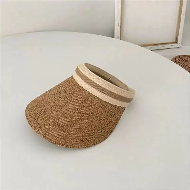 Womens Straw Sun Hat Wide Brim UV Protection Summer Beach Visor Qme Khaki One Size