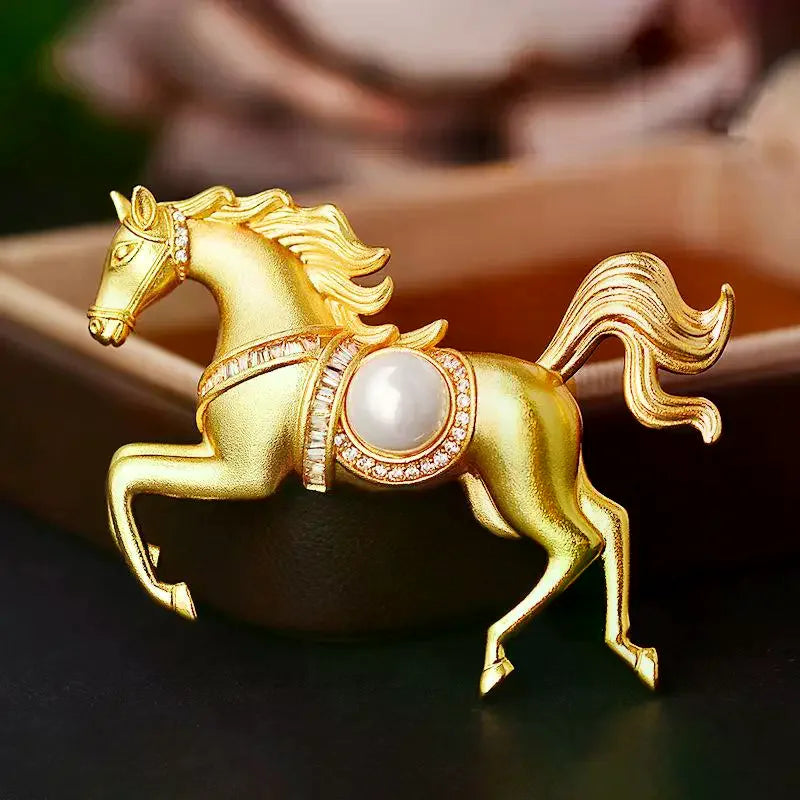 Rhinestones Pearl Alloy Horse Brooches Zodiac Pony Pins Women Men Clothing Accessories Suit Lapel Corsage New Year Gifts Qme
