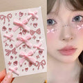 White Ribbon Bow Fashon Pearl Face Stickers Hollow Heart Pink Crystal Diamond Tattoo Stickers Body Arts Party Festival Makeup Qme Pink-B