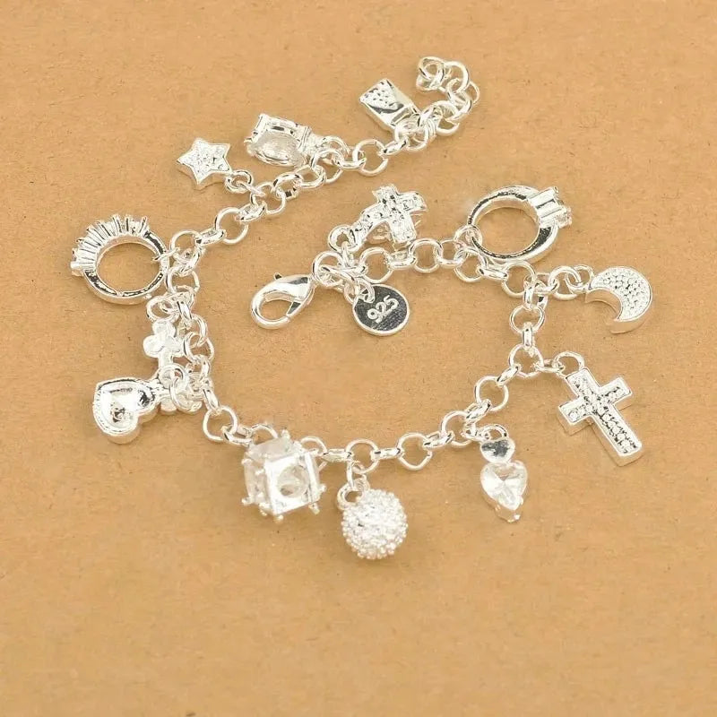 Top Quality 925 Sterling Silver Color Bracelet Nice Moon Heart Clock Ball Cube Star Charms Jewelry for Women Girls Qme Default Title