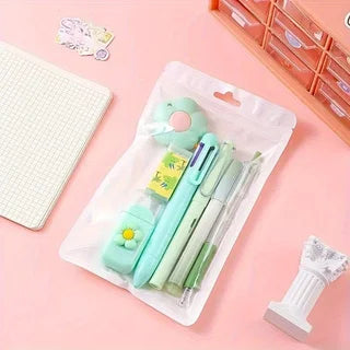 7PCS Cream Color Cute Stationery Set for School, Christmas Student Gift, Kawaii Writing Supplies with Notebook Pen Qme light green