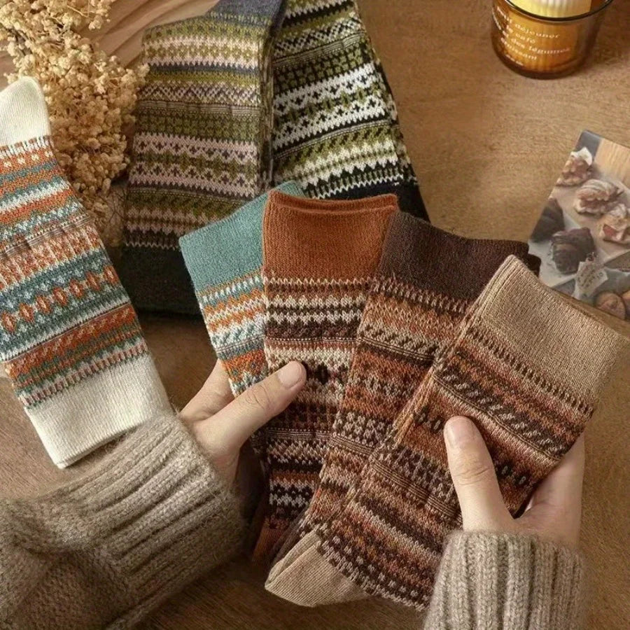 Vintage Fair Isle Crew Socks, Retro Ethnic Pattern Cotton Socks, Warm Winter Casual Slouch Socks for Women Qme