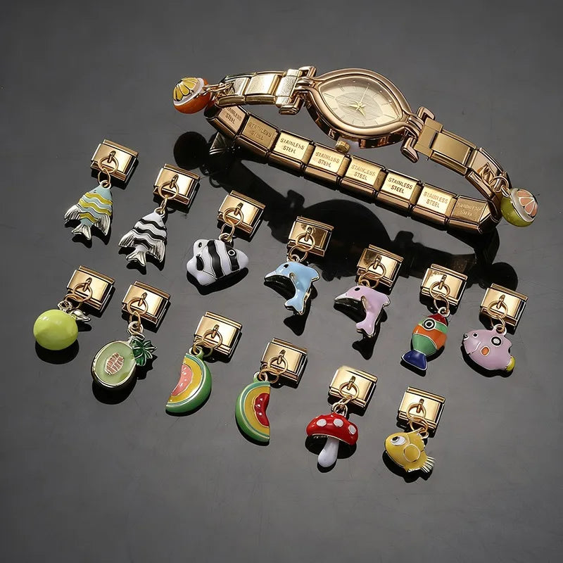 2025 Women Gift Fish Dolphin Fruits Mushroom Italian Charms Links Beads Fit 9mm Stainless Steel Modular Modular Bracelet Jewelry Qme