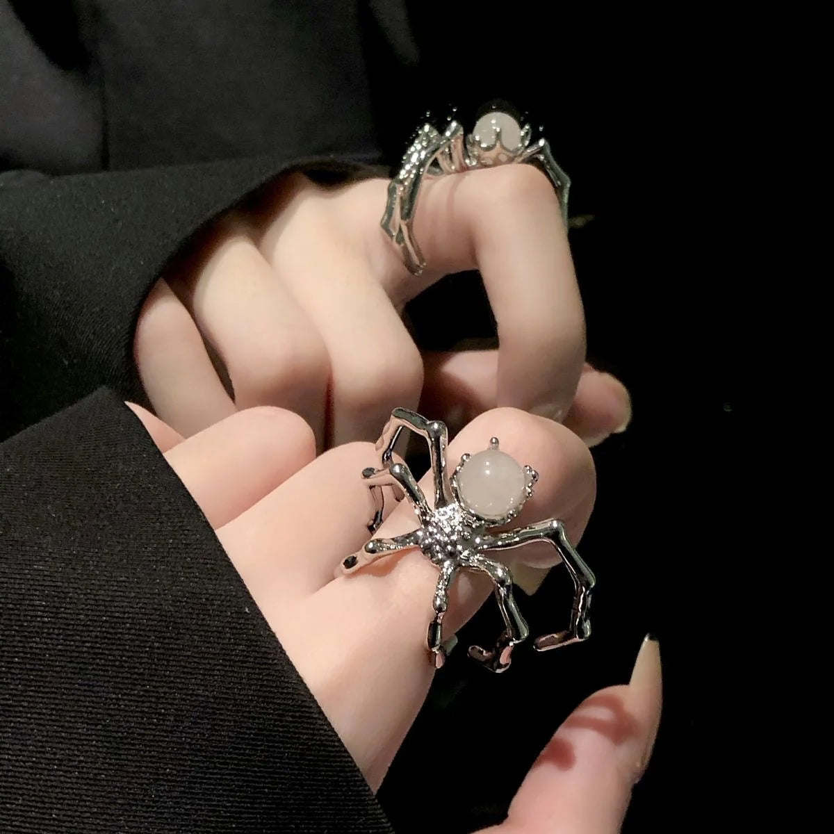 Punk Dark Spider Open Ring Retro Moonstone Black Ring For Women New Gothic Jewelry Dropshipping Wholesale Gift Punk Rings Girl Qme resizable 2