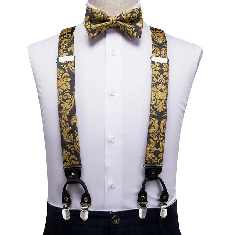 Silk Woven Mens Suspenders Bow Tie Hanky Cufflinks Strength 6 Clips