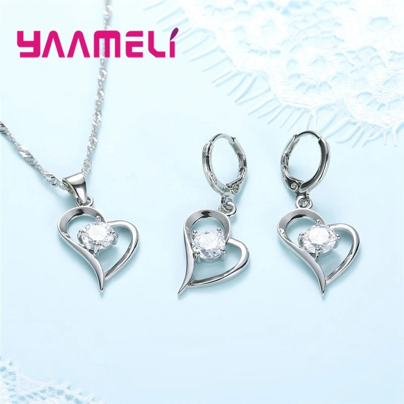 925 Sterling Silver Color Wedding Jewelry Sets for Women Love Heart Hollow Pendants Necklaces Earrings Clear Austrian Crystal Qme