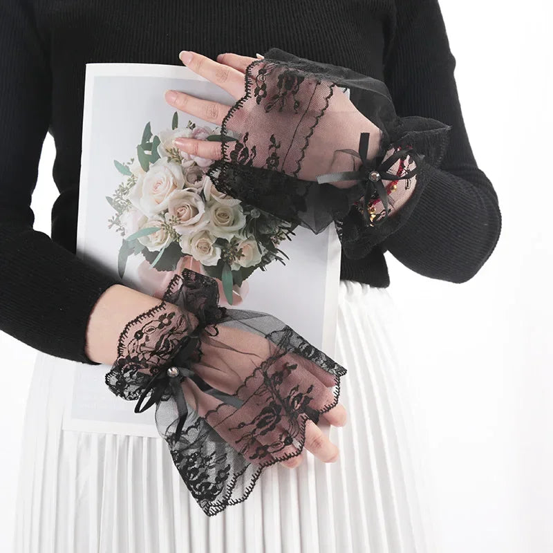 Women Gothic Lace Mesh Stretch Horn Cuffs Gloves Ruffled Detachable Fake Sleeves Wedding Party Sunshade Decorative Wrist Warmer Qme black