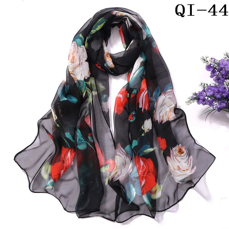 Painting Lotus Beach Sun Protection Chiffon Georgette Scarf Women Foulard Scarf Shawls Female Long Wraps Beach Sunscreen Hijab Qme QI-44