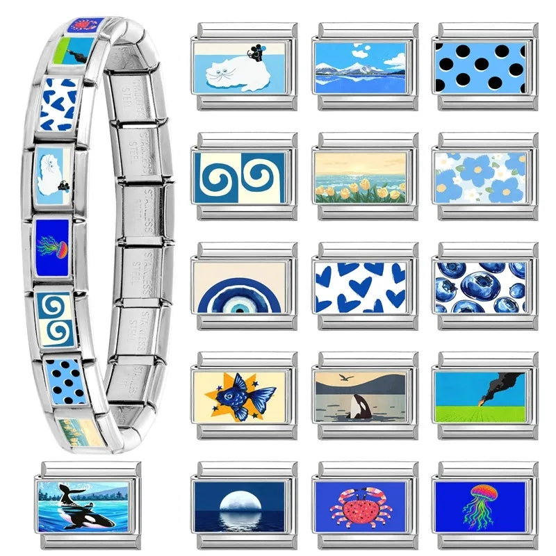 Fashion Blue Series Cartoon Shark Sea Seagull Crab Italian Charm Links Fit 9mm Stainless Steel Bracelet Jewelry DIY Making Beads Qme