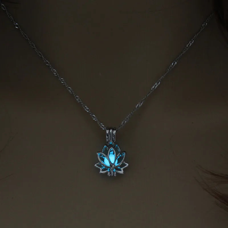 Luminous Glowing In The Dark Moon Lotus Flower Shaped Pendant Necklace for Women Yoga Prayer Buddhism Hip Hop Punk Jewelry Qme light blue 45cm