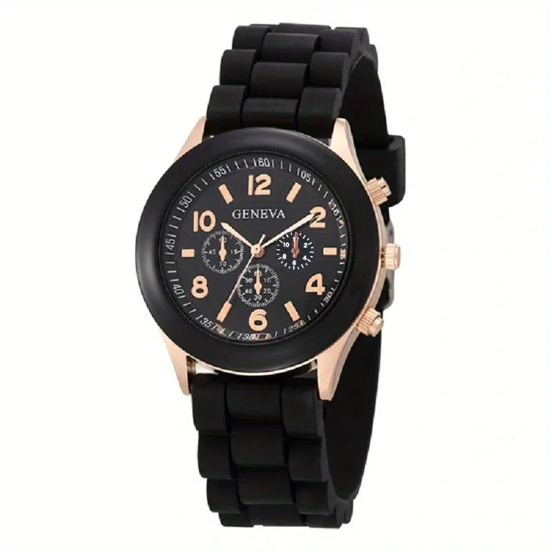 Watch Hot Sales Geneva Brand Silicone Women Watch Ladies Fashion Dress Quartz Wristwatch Female Watch montre relogio feminino Qme Black