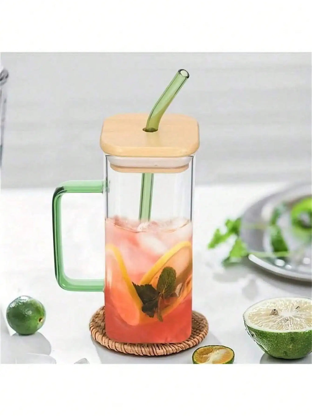 Bamboo Covered Straw Square Glass Cup Transparent Water Handle Iced Qme