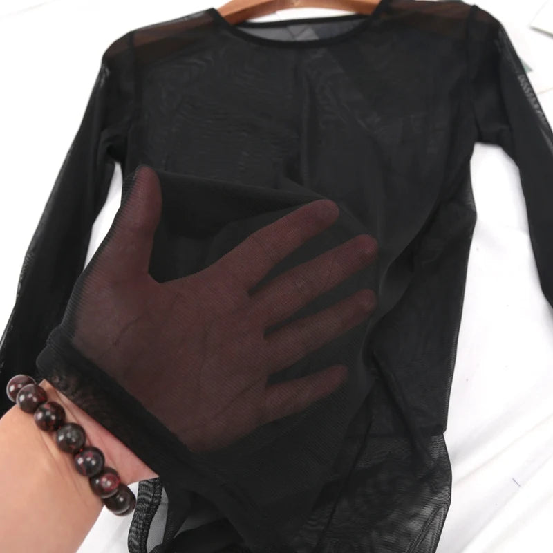 Black Sexy Women Beach Long Sleeve Sheer T Shirt Punk Mesh Nightclubs Qme