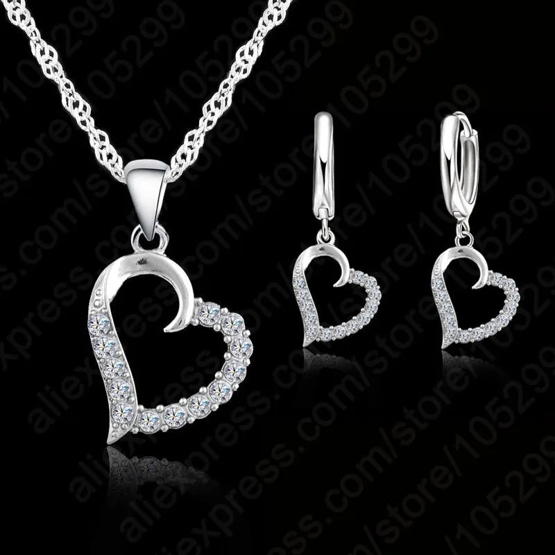 Birthday Valentines Gift Cubic Zircon Heart Pendant Jewelry Set 925 Sterling Silver Color Necklace Earring Women Wedding Sets Qme Default Title