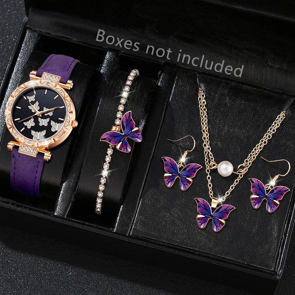 Rose Gold Ladies Purple Leather Watch Set Black Butterfly Glitter Dial Full Matching Purple Butterfly Pearl Jewelry Qme PURPLE
