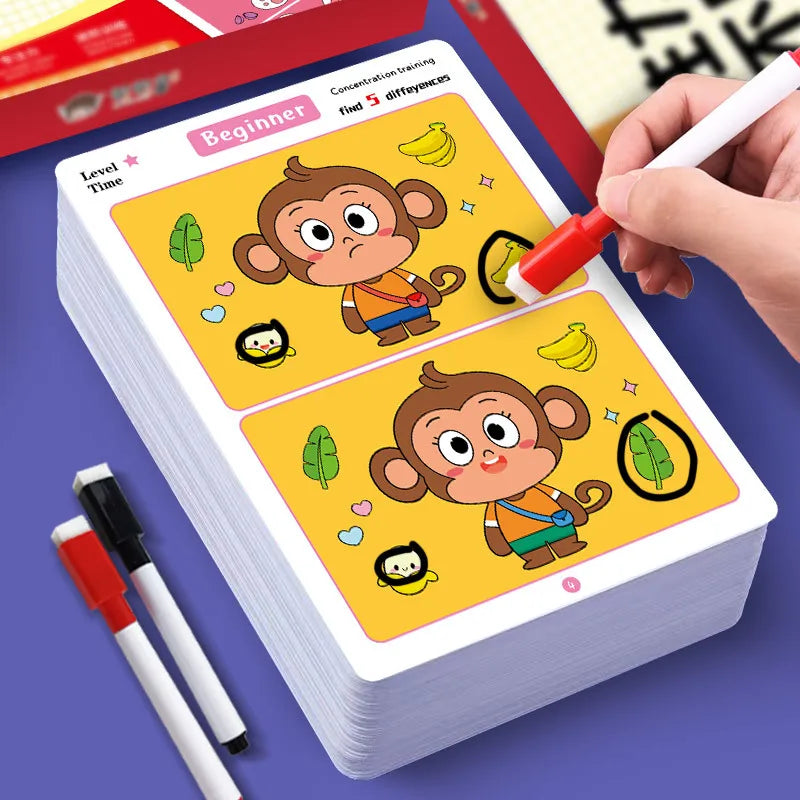 Focus Training Spot the Difference Game Reusable Cards for Training Focus and Concentration,With Erasable Pen,3 modes Qme