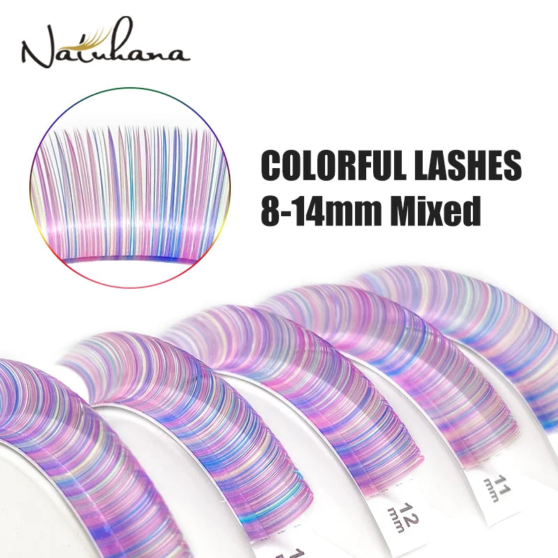 NATUHANA Colored Individual Lash Clusters Rainbow Mix 8- Soft Qme Purple - Eyeashes C 0.07mm|8-14 Mixed