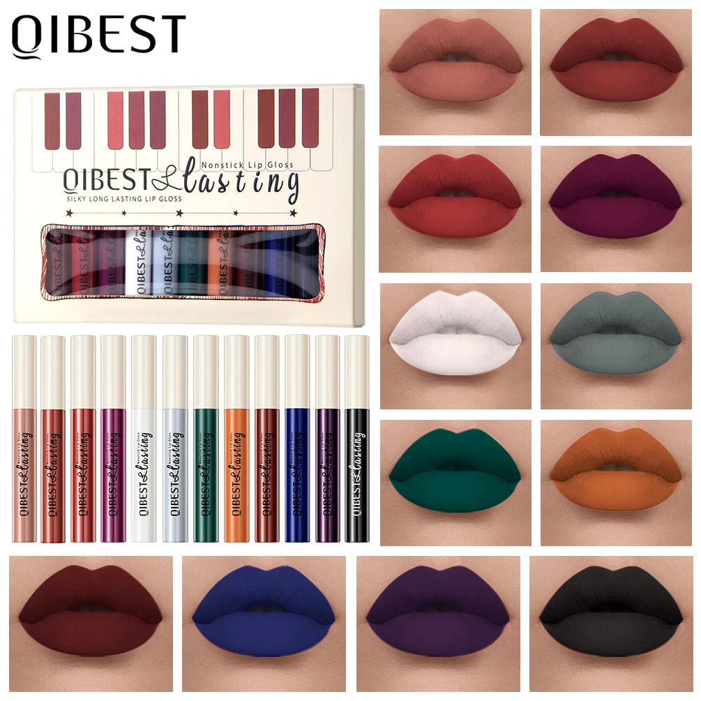QIBEST 12 Colors Matte Lipgloss Sets Waterproof Liquid Lipstick Makeup Lip Color Long Lasting Sexy Red Pink Nude Lipgloss Makeup Qme
