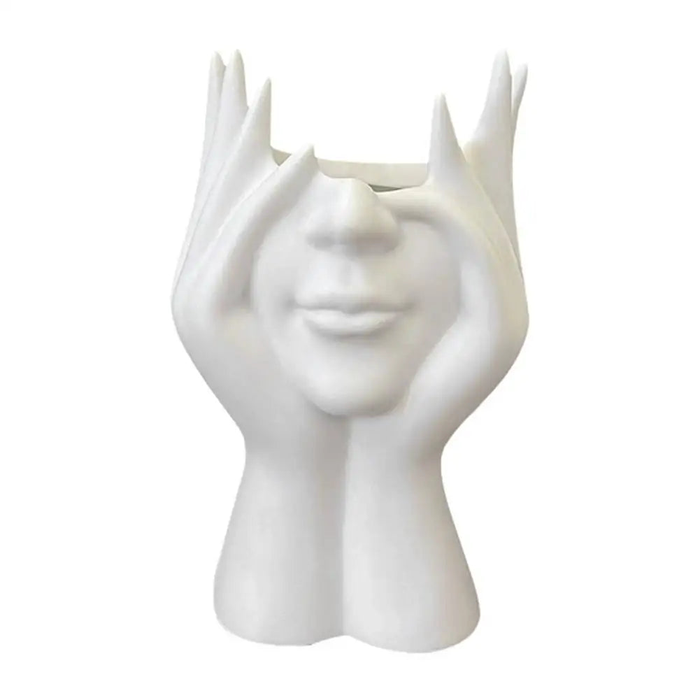 Pen Holder & Desk Decor White Abstract Face Sculpture with Hands, Modern Office Desktop Organizer for Pens, Makeup Brushes Qme A