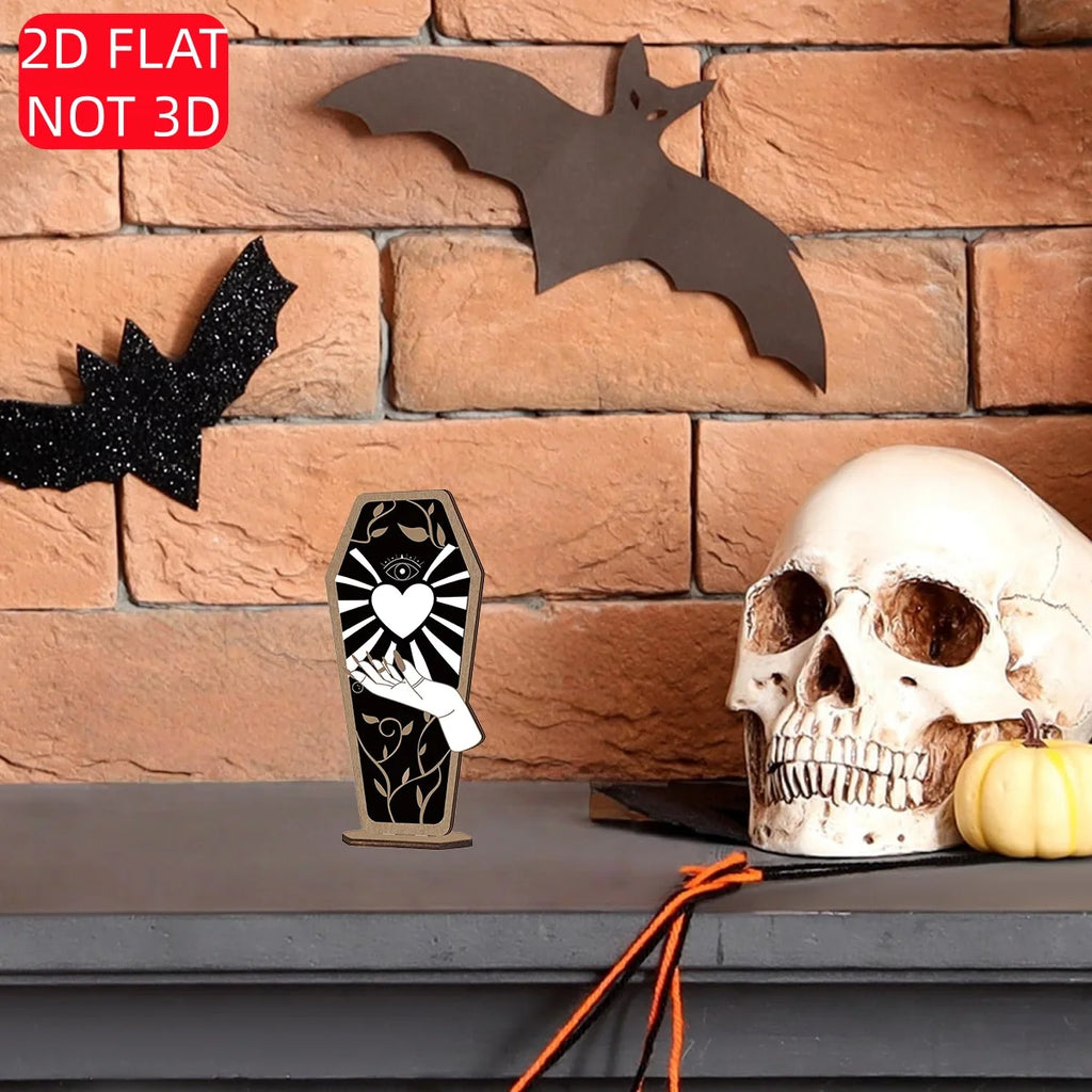Halloween 2D Flat Wooden Coffin Sign – Gothic Mystic Design with Heart, All-Seeing Eye, and Hand. Perfect for Spooky Home Qme