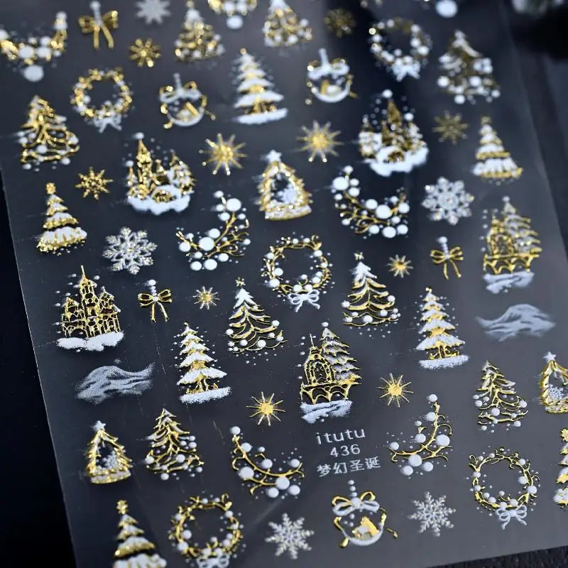 Christmas Embossed Nails Art Stickers Dreamy Castle Tree Snowflake Qme Gold