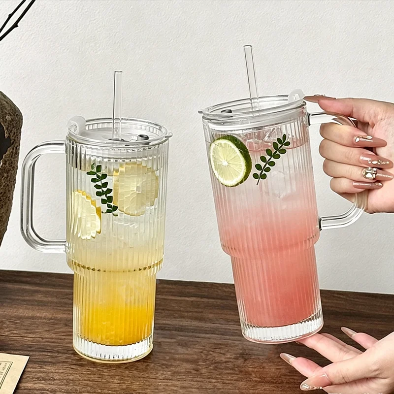 600ML Stripe Glass Coffee Cup With Handle And Lid Cover Straw Transparent Drinking Glasses For Juice Iced Coffee Mugs Drinkware Qme