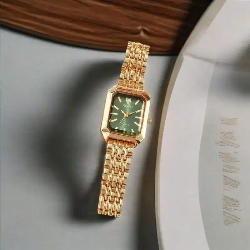 Retro Emerald Green Rectangular Gold Watch Dainty Heart Crystal Stack Bracelet Set Qme