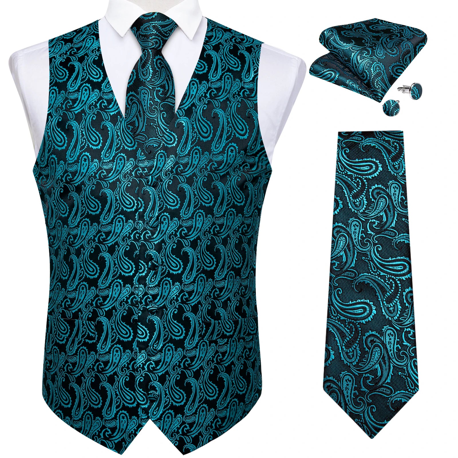 Men's Luxury Paisley Suit Vest & Tie Set – Formal Waistcoat with Necktie Pocket Square, Perfect for Weddings and Business Events Qme