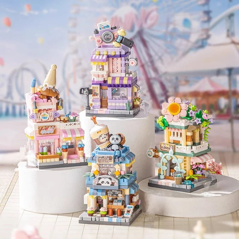 Restaurant Dessert Coffee Pet Fruit Store Street View Food House Building Blocks Kit Girls Bricks Model Kids Boy Toy Child Gifts Qme