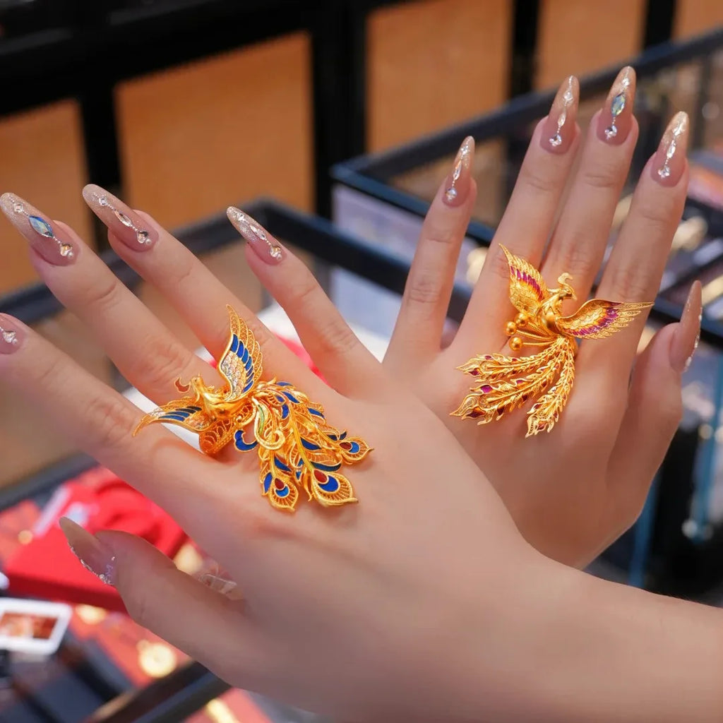 Exquisite Retro Sand Gold Phoenix Exaggerated Ring with Palace Style Gradient Enamel Color Dot Feather Gold Phoenix Ring Qme