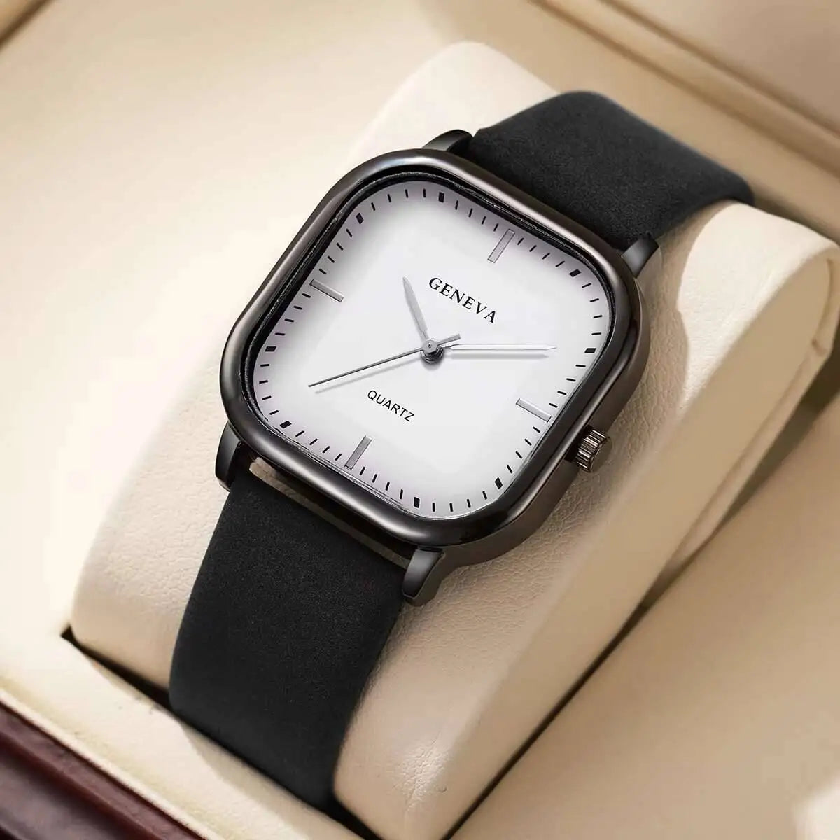 Watch Fashion, Simplicity, Trendy, High Aesthetics Exam, Square Silent Quartz Watch for Middle School Students Qme Black White No Box