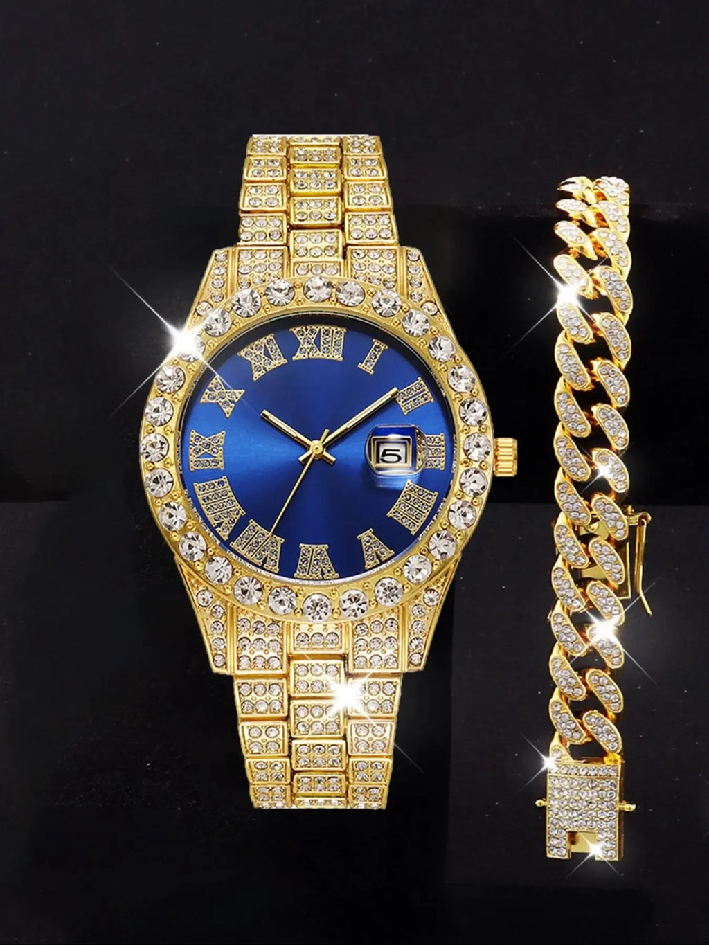 Gold Full Diamond Roman Calendar Men Watch With Cross Necklace Bracelets Qme
