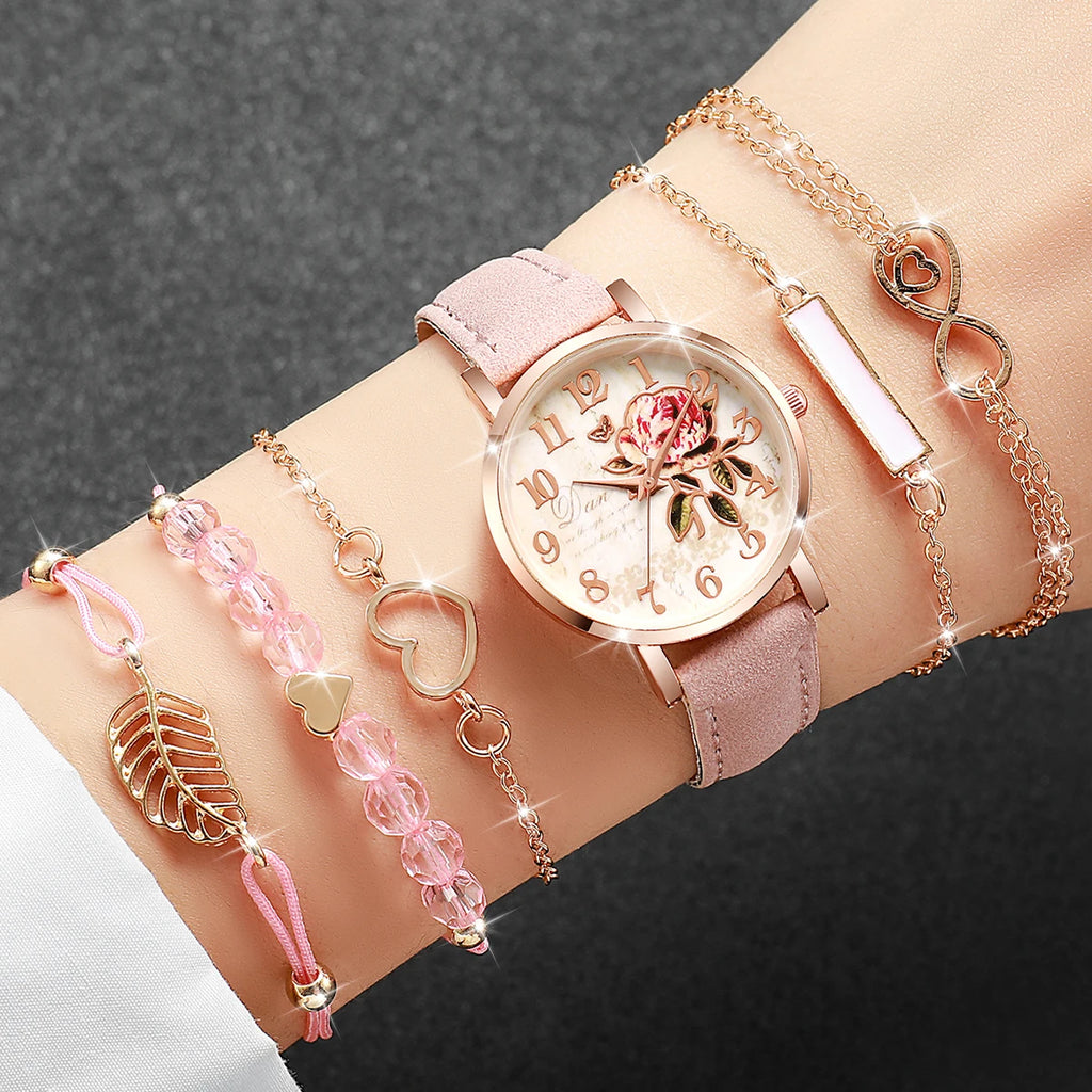 PU leather strap women's quartz watch pink dial, pink strap set, 6-piece set Qme