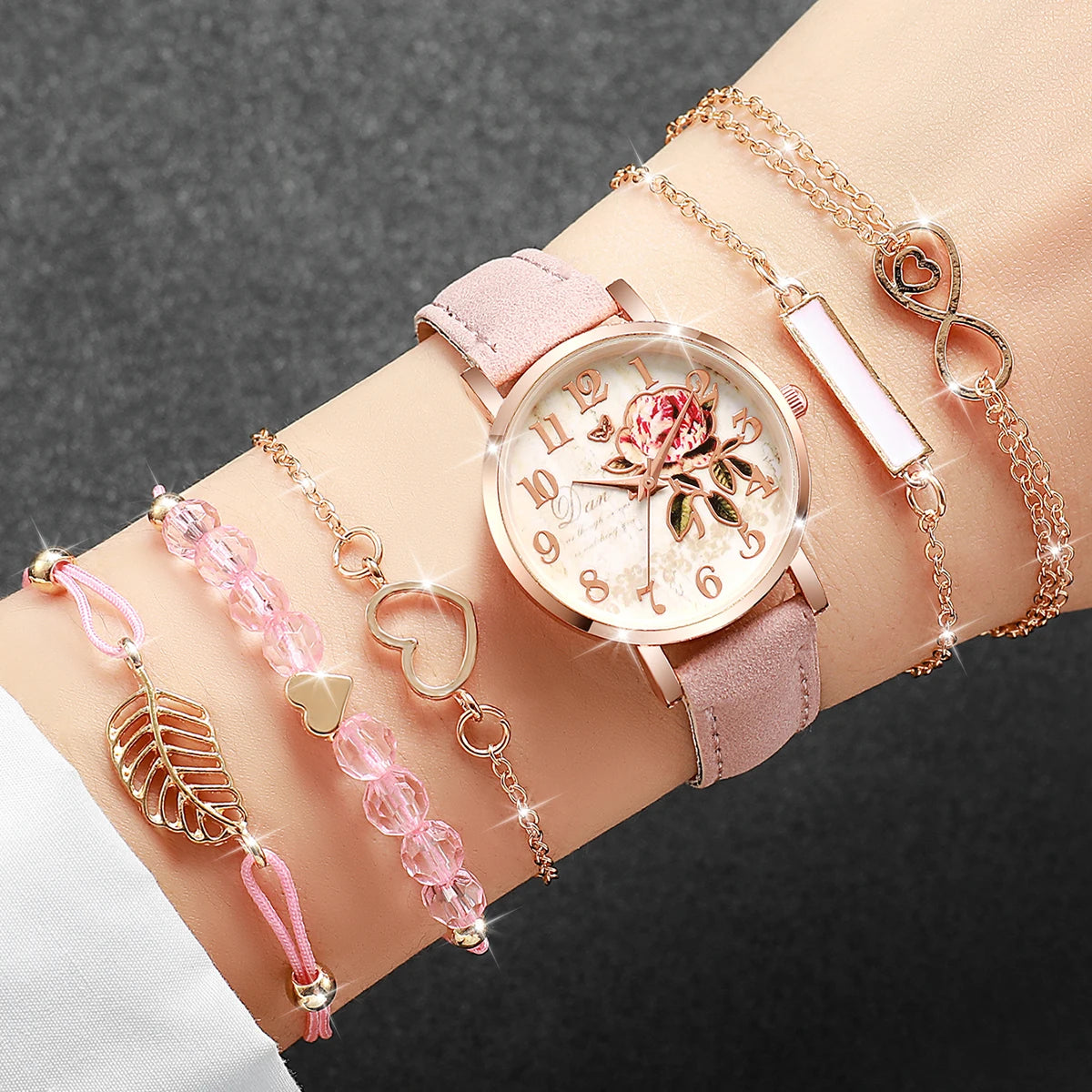 PU leather strap women's quartz watch pink dial, pink strap set, 6-piece set Qme