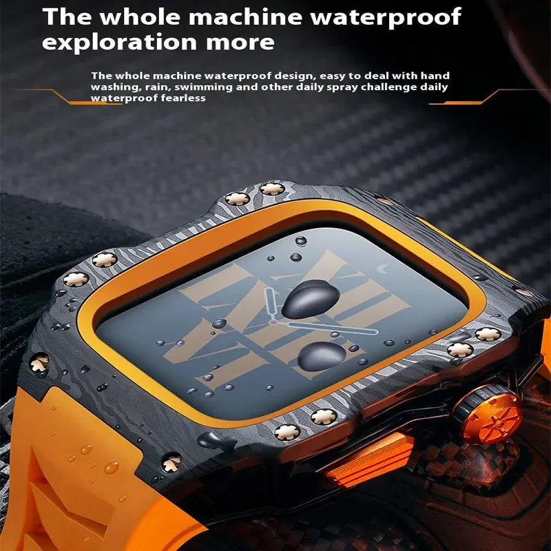 Modified Carbon Fiber Protective waterproof Case with Band strap Black metal bezel for iWatch Apple Watch series 7 8 9 44mm 45mm Qme