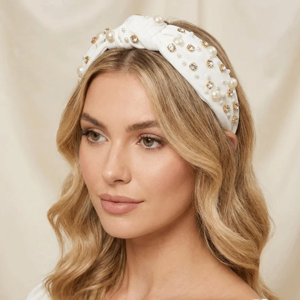 Solid Color Rhinestone Pearl Hairband Wide Edge Nail Pearl Head Hoop Hair Ornament Knot Style Baroque Headband Hair Accessories Qme
