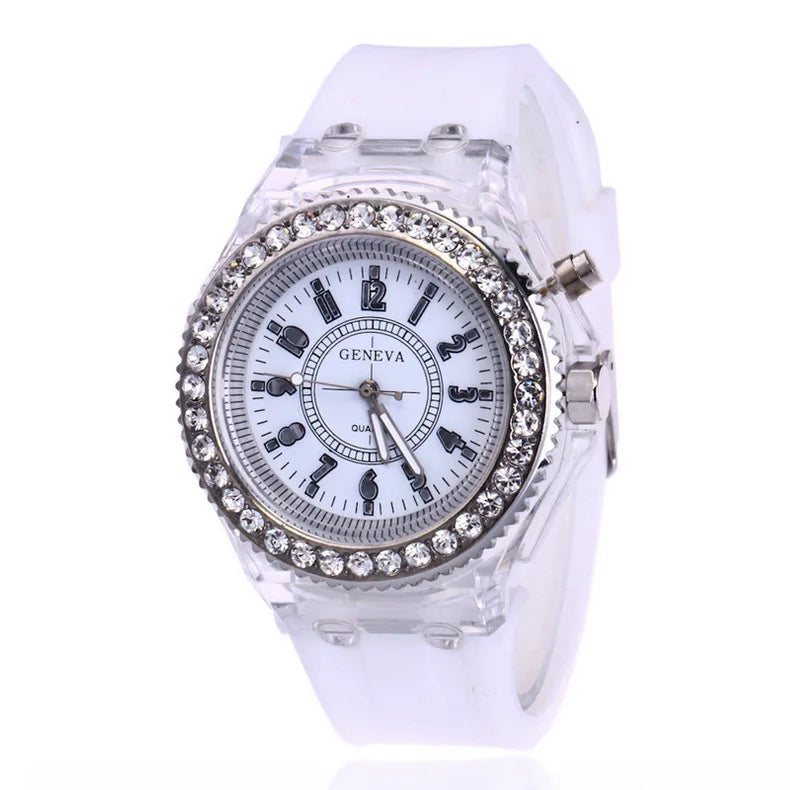 led Flash Luminous Watch Personality trends students lovers jellies woman men's watches 7 color light WristWatch bayan kol saati Qme white